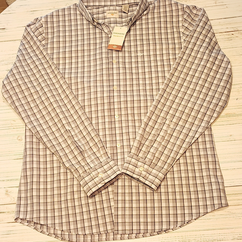 Dockers Plaid Button-Down Shirt - Gray and White